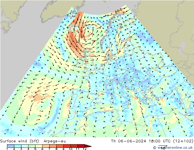 Surface wind (bft) Arpege-eu Čt 06.06.2024 18 UTC
