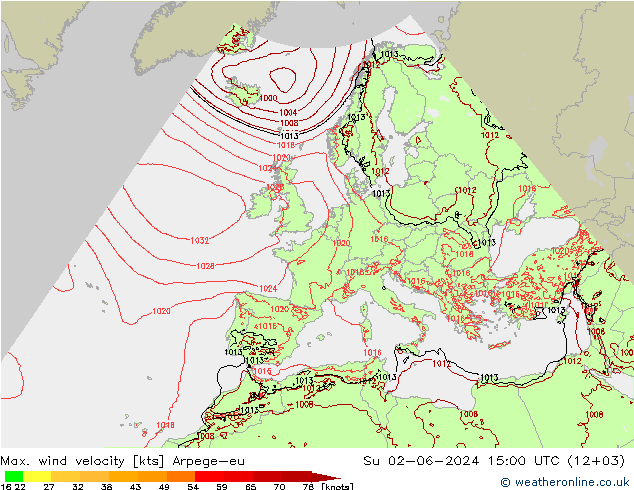 Max. wind velocity Arpege-eu Su 02.06.2024 15 UTC