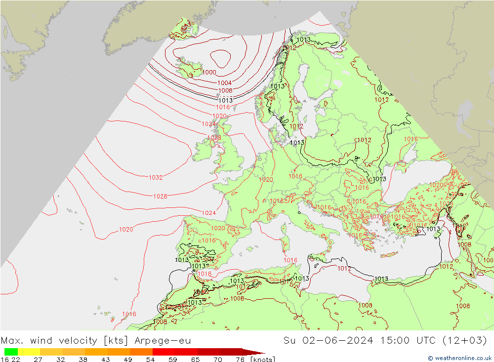 Max. wind velocity Arpege-eu Su 02.06.2024 15 UTC
