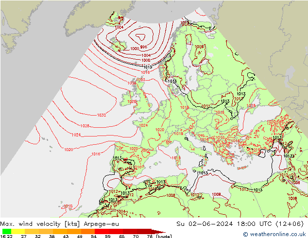 Max. wind velocity Arpege-eu dom 02.06.2024 18 UTC