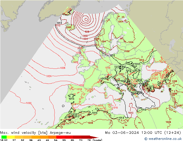 Max. wind velocity Arpege-eu пн 03.06.2024 12 UTC