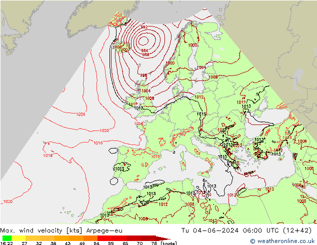 Max. wind velocity Arpege-eu Ter 04.06.2024 06 UTC