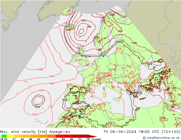 Max. wind velocity Arpege-eu gio 06.06.2024 18 UTC