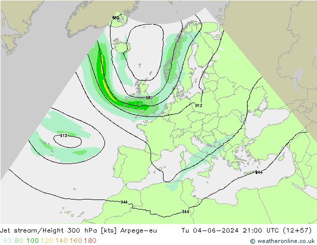 Jet stream/Height 300 hPa Arpege-eu Tu 04.06.2024 21 UTC