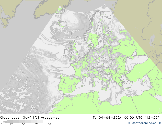 Cloud cover (low) Arpege-eu Tu 04.06.2024 00 UTC