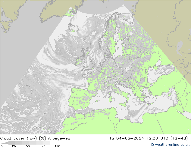 Cloud cover (low) Arpege-eu Tu 04.06.2024 12 UTC