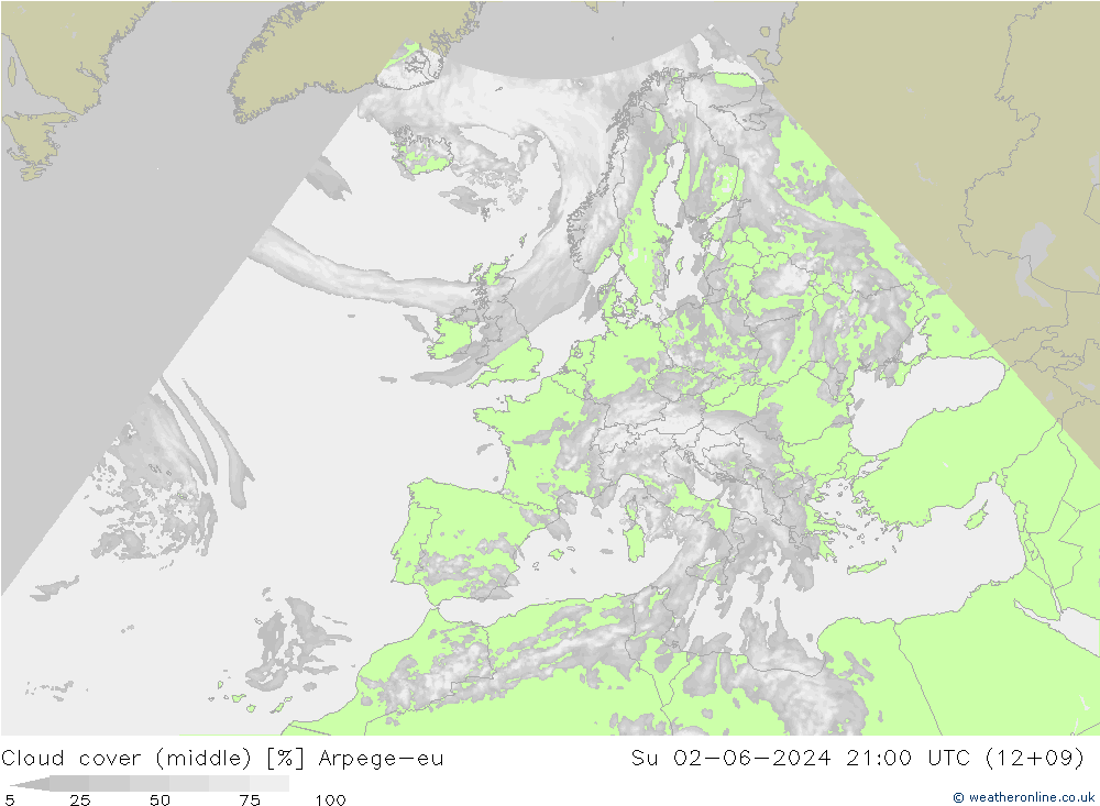 Cloud cover (middle) Arpege-eu Su 02.06.2024 21 UTC