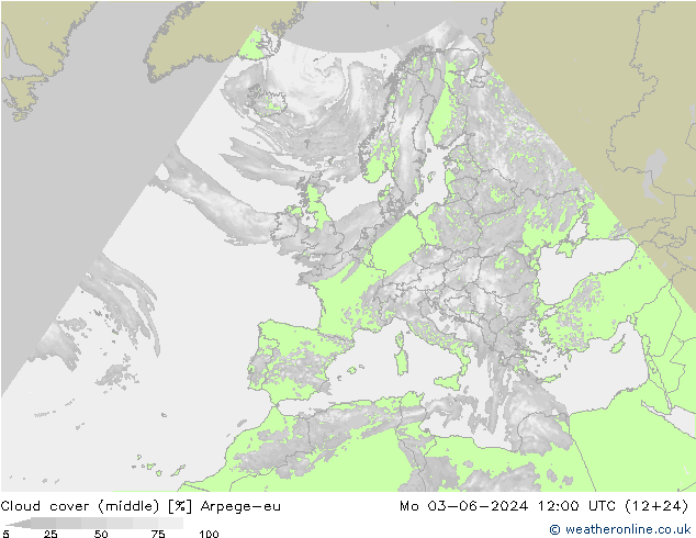 Cloud cover (middle) Arpege-eu Mo 03.06.2024 12 UTC