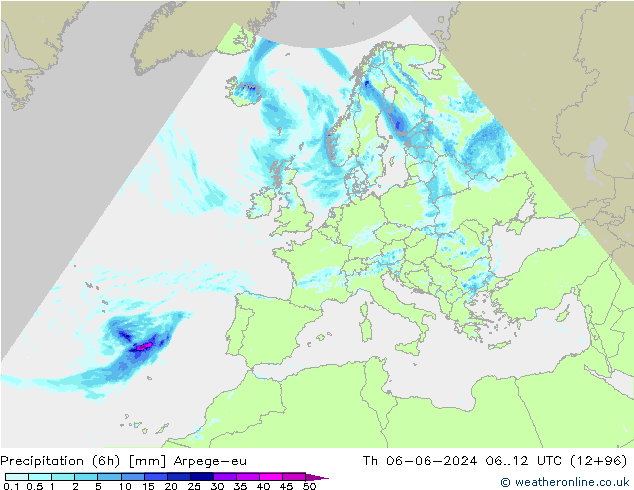 Precipitazione (6h) Arpege-eu gio 06.06.2024 12 UTC