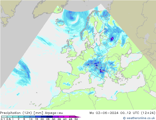 降水量 (12h) Arpege-eu 星期一 03.06.2024 12 UTC