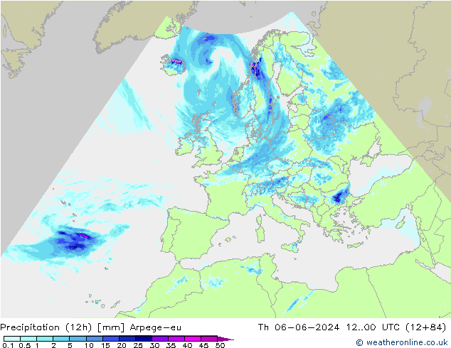 Précipitation (12h) Arpege-eu jeu 06.06.2024 00 UTC