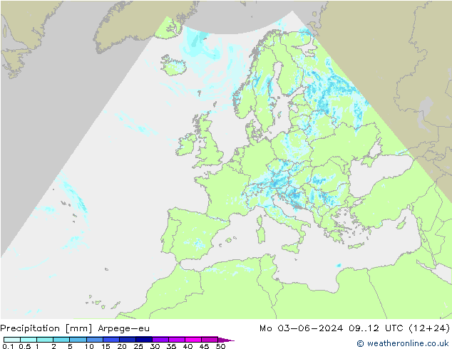 Precipitazione Arpege-eu lun 03.06.2024 12 UTC