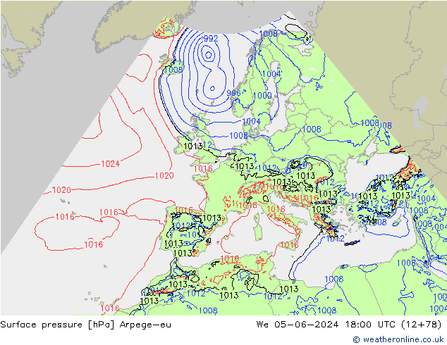 Pressione al suolo Arpege-eu mer 05.06.2024 18 UTC