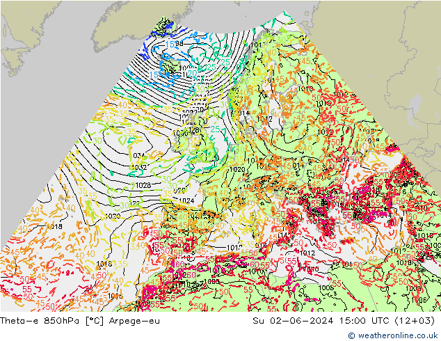 Theta-e 850hPa Arpege-eu 星期日 02.06.2024 15 UTC