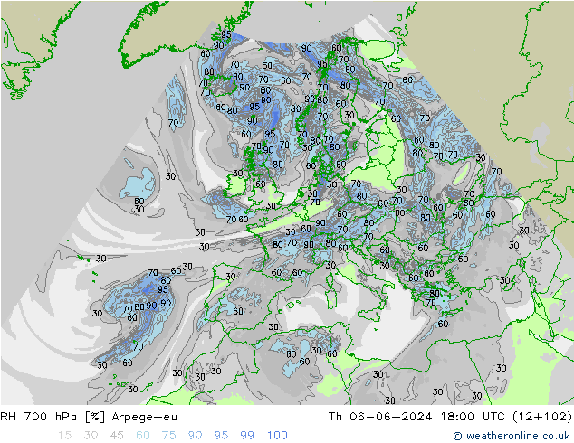 RH 700 hPa Arpege-eu gio 06.06.2024 18 UTC