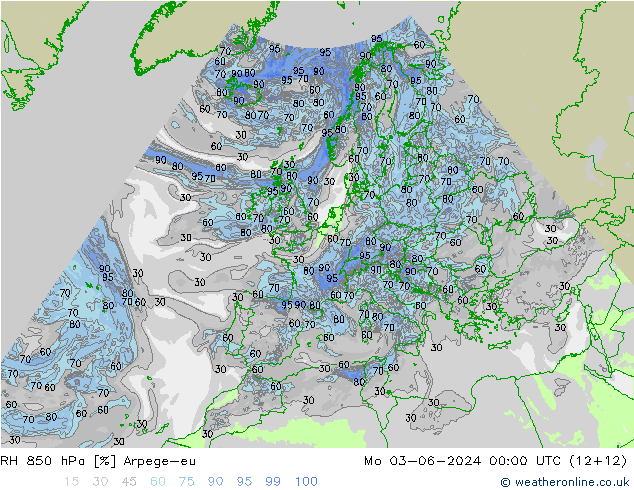 RH 850 гПа Arpege-eu пн 03.06.2024 00 UTC