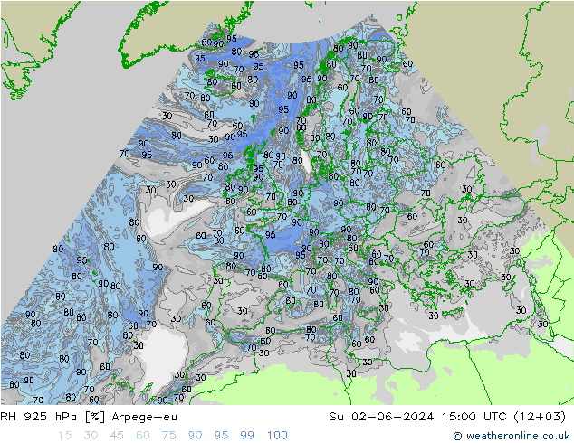 RH 925 гПа Arpege-eu Вс 02.06.2024 15 UTC