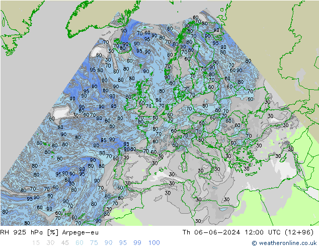 Humidité rel. 925 hPa Arpege-eu jeu 06.06.2024 12 UTC