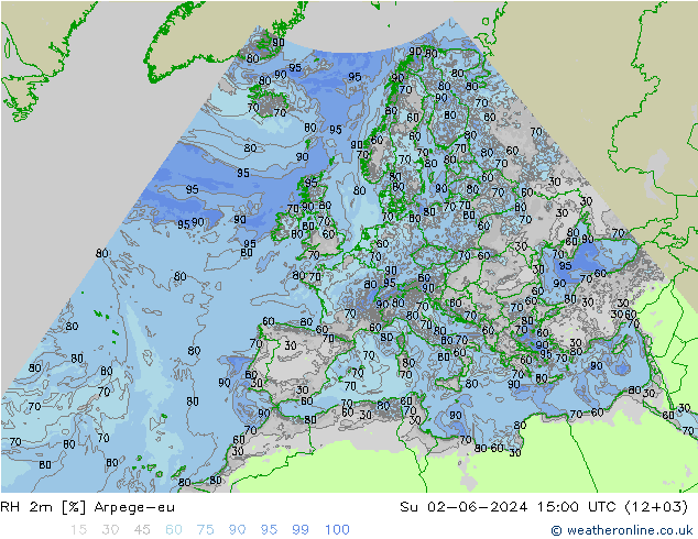 Humedad rel. 2m Arpege-eu dom 02.06.2024 15 UTC