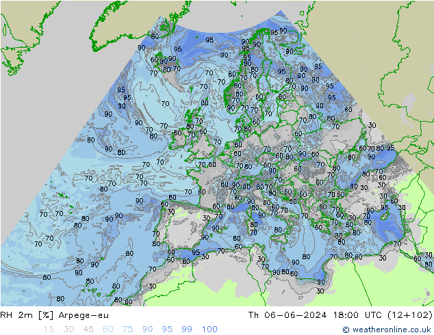 RH 2m Arpege-eu gio 06.06.2024 18 UTC