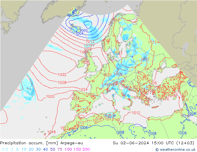Totale neerslag Arpege-eu zo 02.06.2024 15 UTC