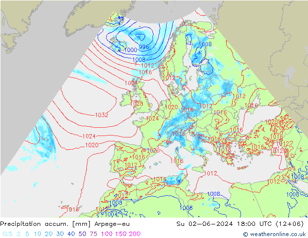 Precipitation accum. Arpege-eu 星期日 02.06.2024 18 UTC