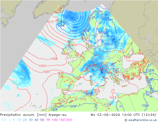 Precipitation accum. Arpege-eu 星期一 03.06.2024 12 UTC