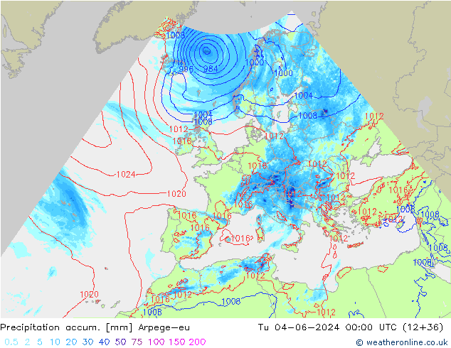 Precipitation accum. Arpege-eu Tu 04.06.2024 00 UTC