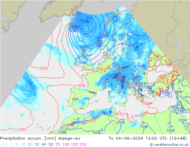 Precipitation accum. Arpege-eu Tu 04.06.2024 12 UTC