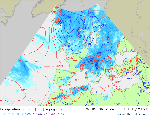 Totale neerslag Arpege-eu wo 05.06.2024 00 UTC