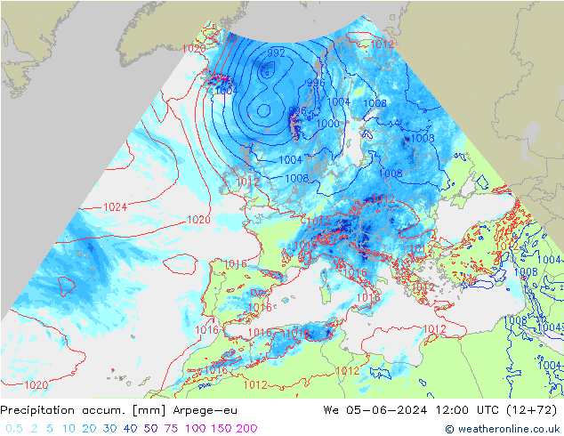 Precipitation accum. Arpege-eu śro. 05.06.2024 12 UTC