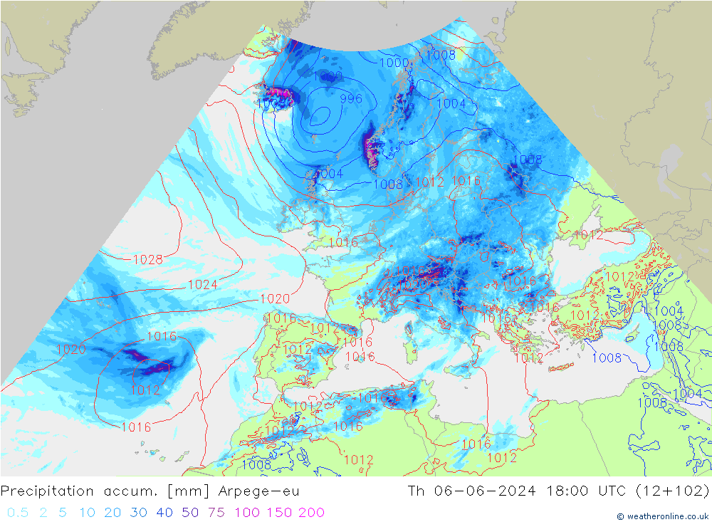 Precipitation accum. Arpege-eu чт 06.06.2024 18 UTC