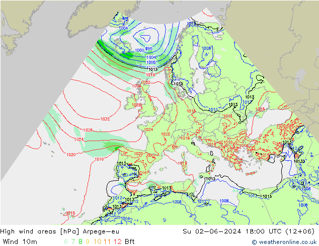 High wind areas Arpege-eu 星期日 02.06.2024 18 UTC