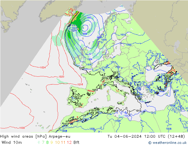 High wind areas Arpege-eu Út 04.06.2024 12 UTC