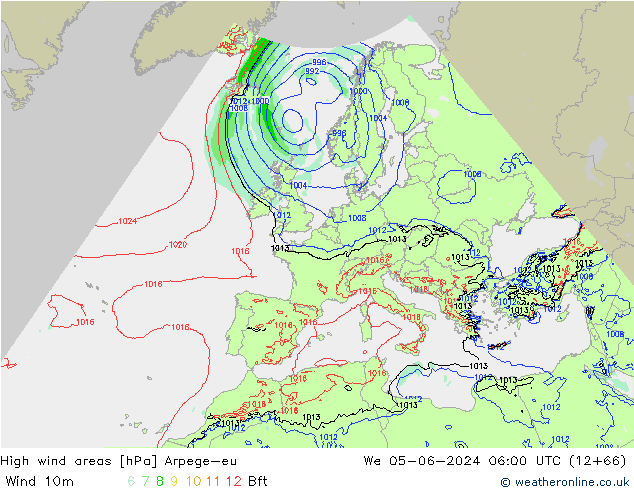 High wind areas Arpege-eu  05.06.2024 06 UTC