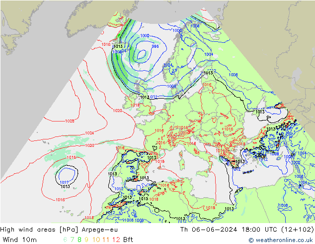 High wind areas Arpege-eu Čt 06.06.2024 18 UTC
