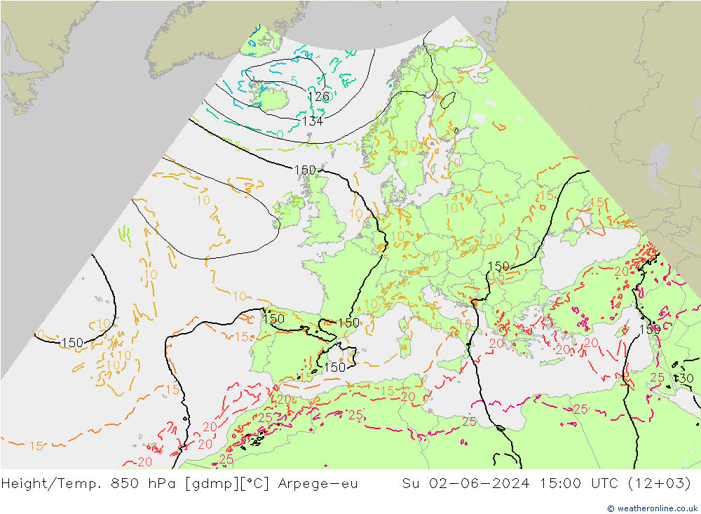 Yükseklik/Sıc. 850 hPa Arpege-eu Paz 02.06.2024 15 UTC