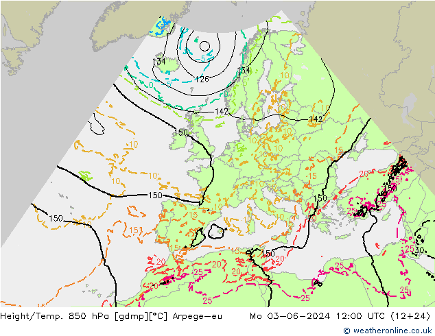 Height/Temp. 850 hPa Arpege-eu 星期一 03.06.2024 12 UTC