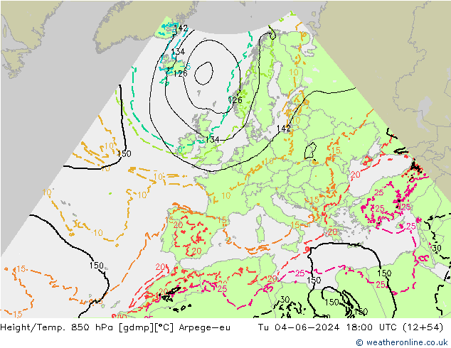 Height/Temp. 850 hPa Arpege-eu Tu 04.06.2024 18 UTC