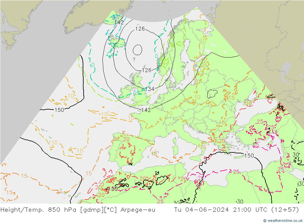 Height/Temp. 850 hPa Arpege-eu Tu 04.06.2024 21 UTC