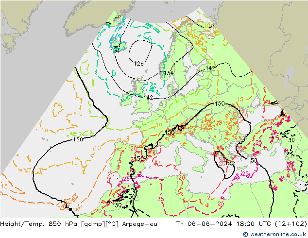 Height/Temp. 850 hPa Arpege-eu Čt 06.06.2024 18 UTC