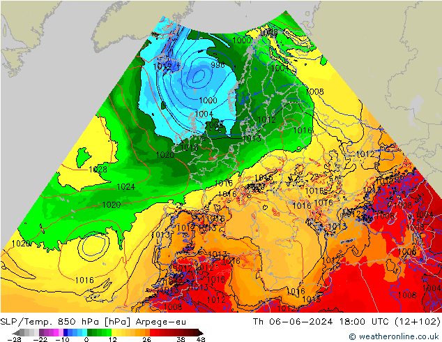 SLP/Temp. 850 hPa Arpege-eu gio 06.06.2024 18 UTC