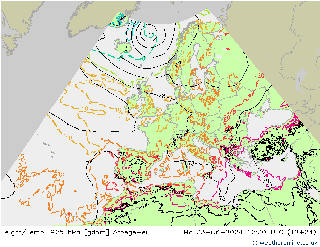 Height/Temp. 925 hPa Arpege-eu 星期一 03.06.2024 12 UTC
