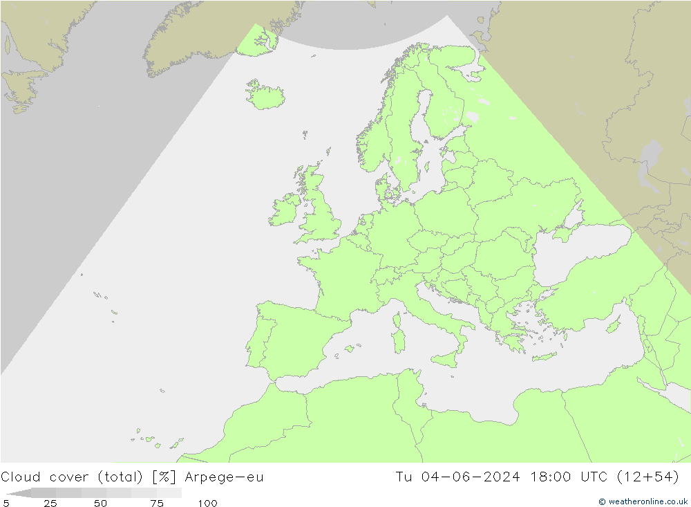 Cloud cover (total) Arpege-eu Tu 04.06.2024 18 UTC