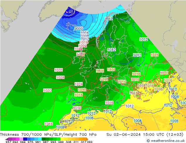 Thck 700-1000 hPa Arpege-eu Dom 02.06.2024 15 UTC