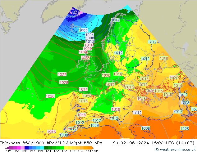 Thck 850-1000 гПа Arpege-eu Вс 02.06.2024 15 UTC