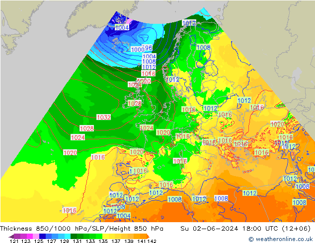 Thck 850-1000 гПа Arpege-eu Вс 02.06.2024 18 UTC