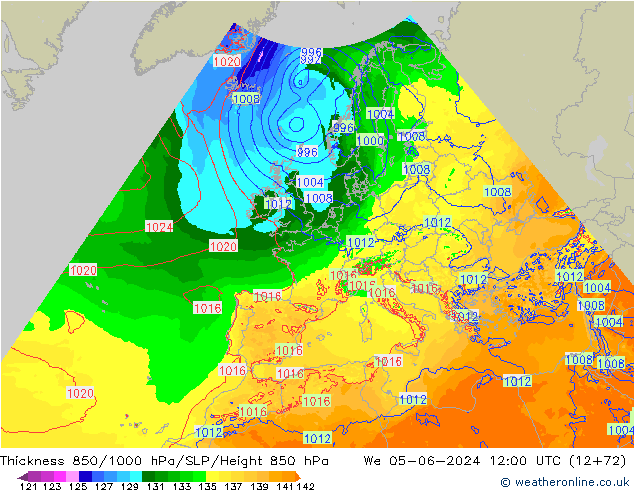 Schichtdicke 850-1000 hPa Arpege-eu Mi 05.06.2024 12 UTC