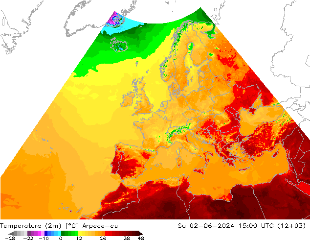 température (2m) Arpege-eu dim 02.06.2024 15 UTC