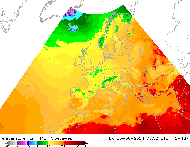 Temperatura (2m) Arpege-eu lun 03.06.2024 06 UTC